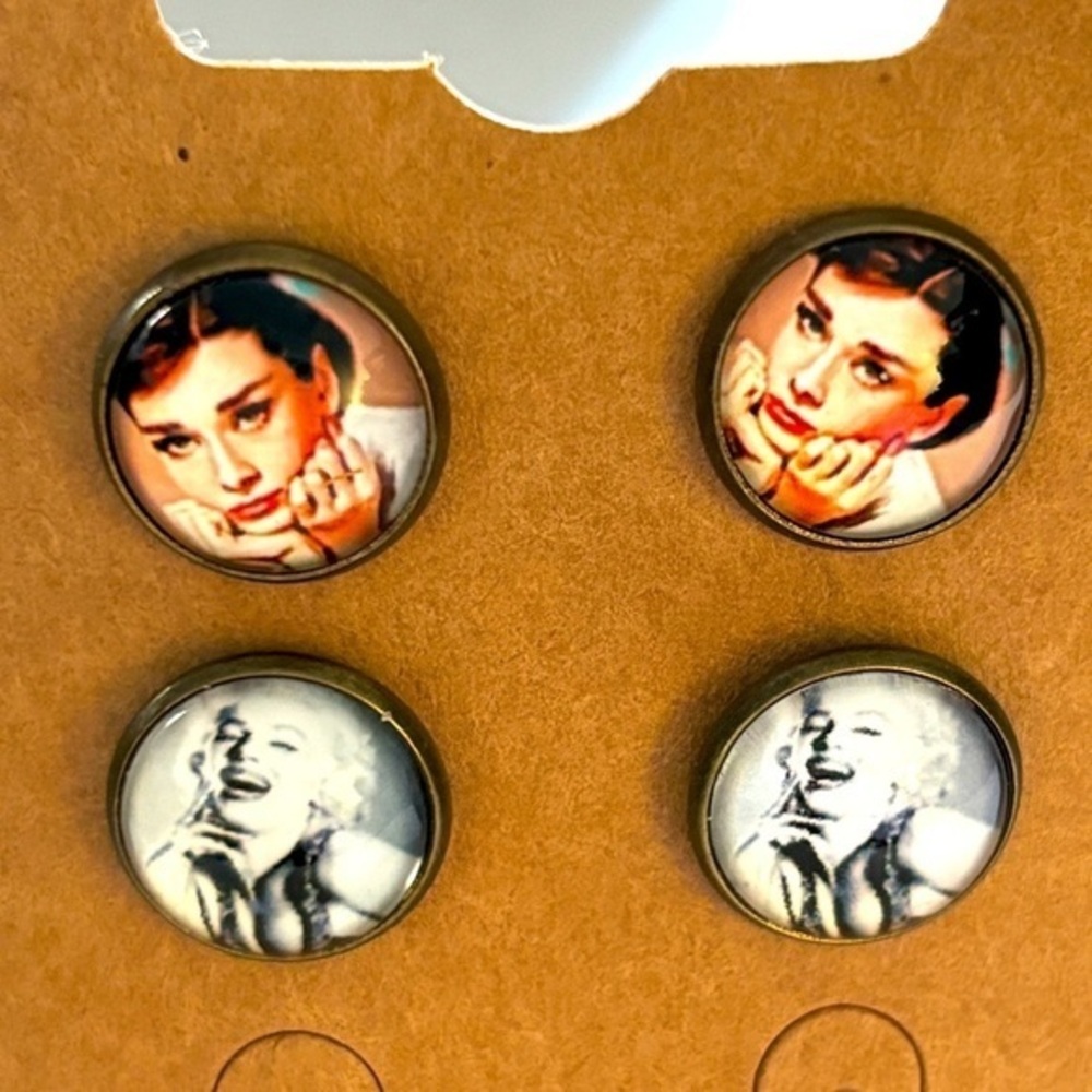 12mm Glass Marilyn Monroe and Audrey Hepburn Stud Earrings, 2 Pairs, Unworn, NWT